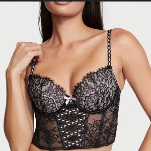 Victoria’s Secret Pink Corset Black Buster Lace Crop Top XL NWOT